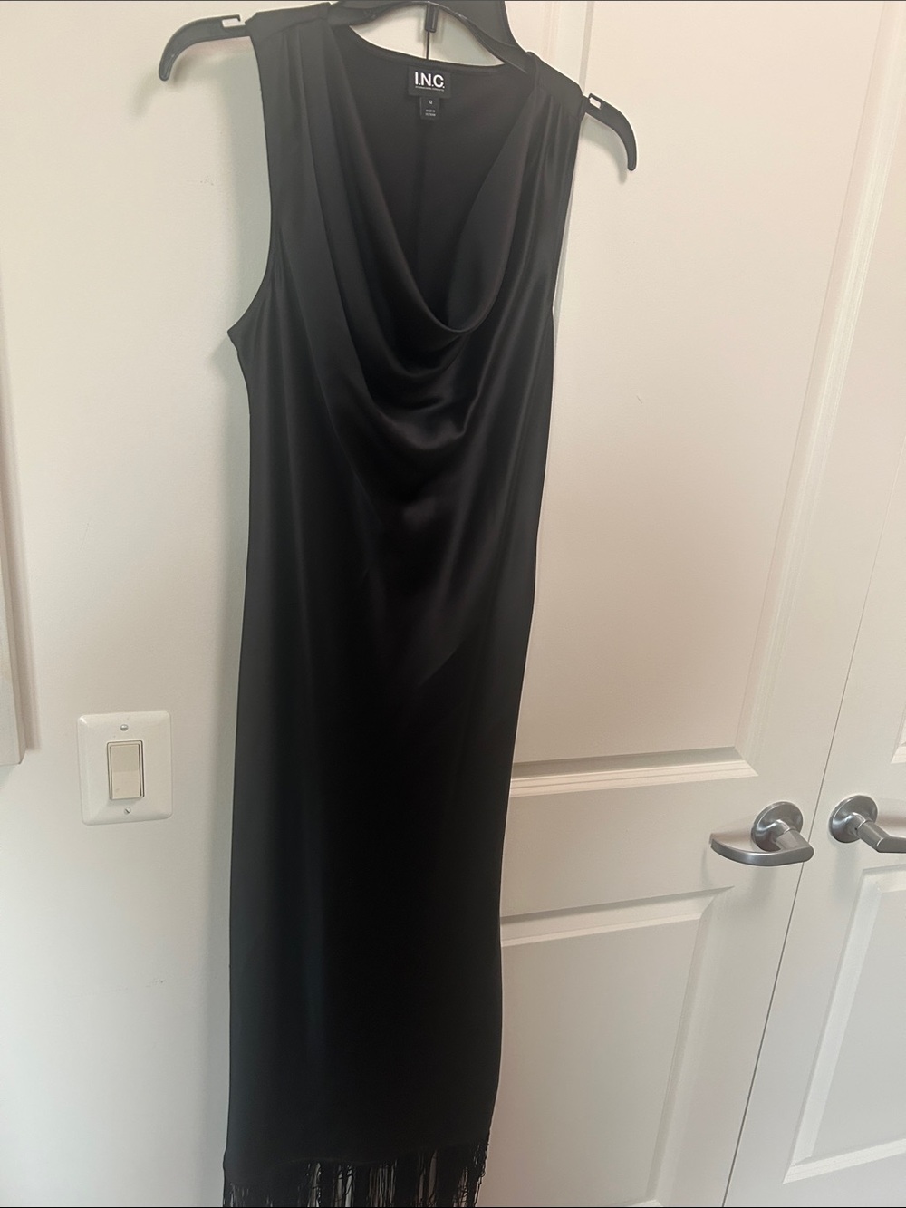 INC International Concepts Black Sleeveless Cowl Satin Dress with Fringe Hem 12